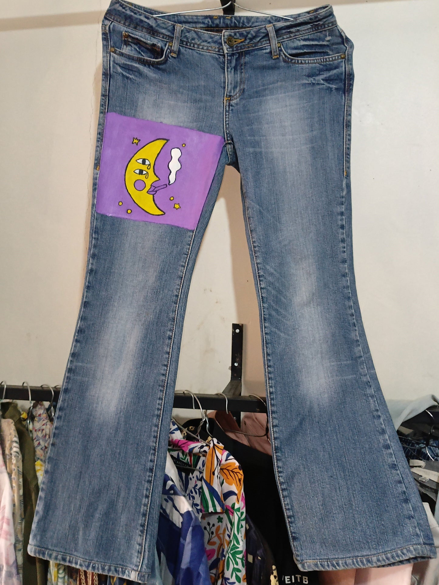 Hand-Painted Moon Smoker Flare Jeans
