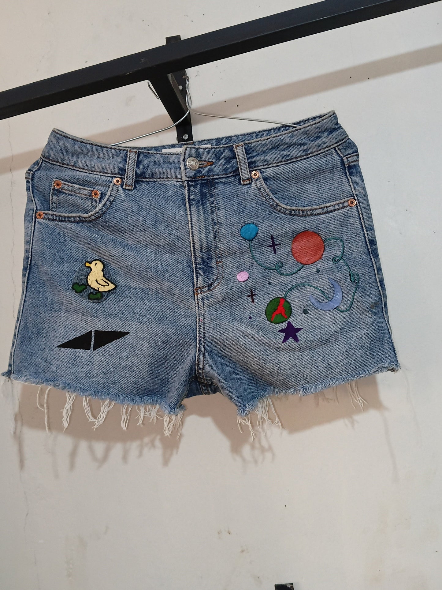 Hand-Painted & Embroidered Graphic Denim Cut-Off Shorts