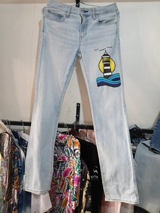 Hand-Painted Lighthouse Graphic Straight-Leg Jeans