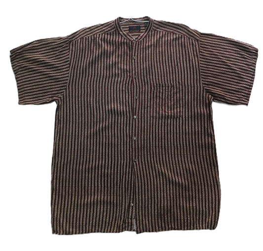 Brown Textured Stripe Collarless Shirt