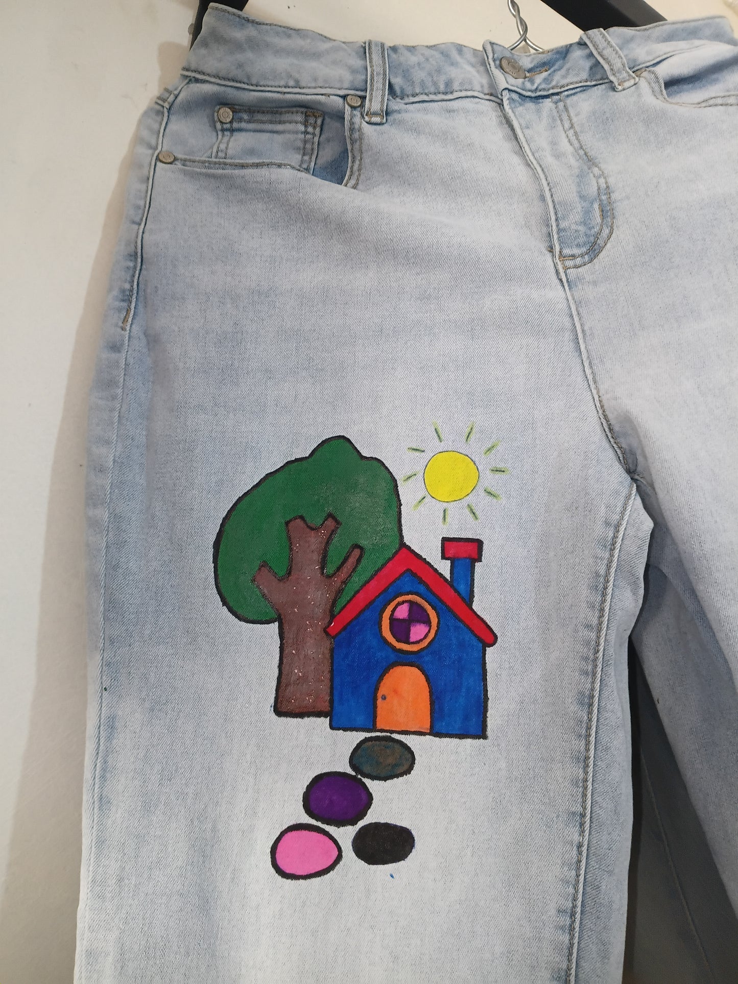 Yellow Floral Vintage Shirt , White Tee & Hand-Painted House Denim  Outfit