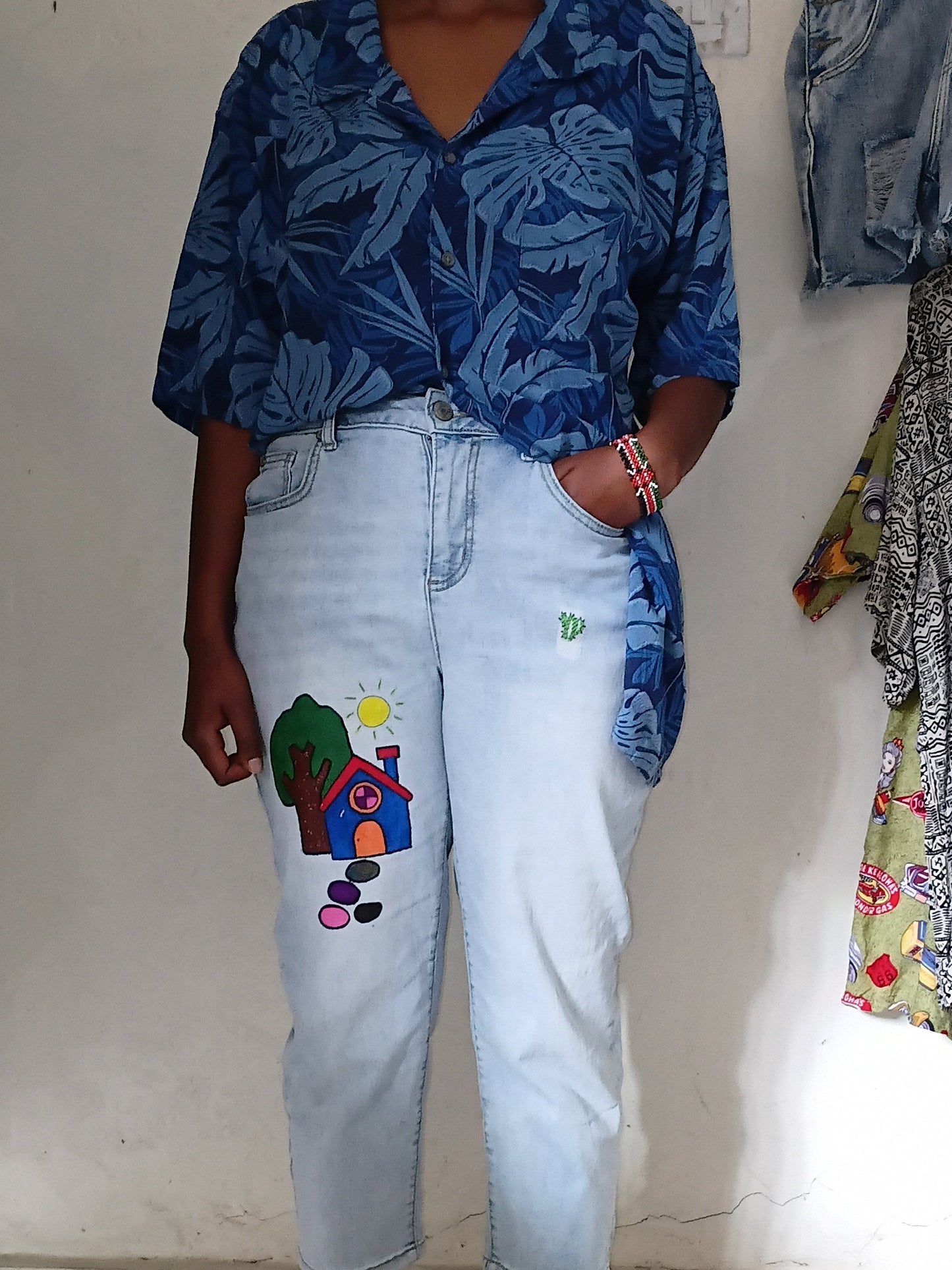 Blue Tropical Shirt + Painted House Denim Set  Outfit