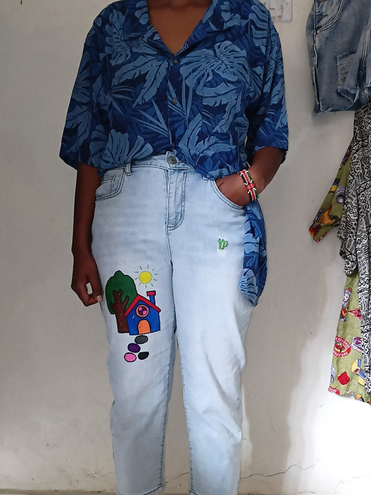 Blue Tropical Shirt + Painted House Denim Set  Outfit