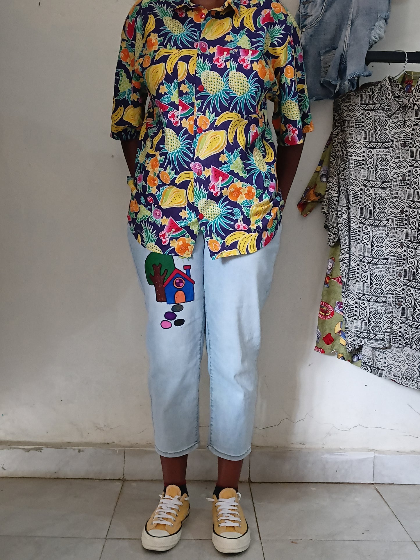 Yellow Floral Vintage Shirt , White Tee & Hand-Painted House Denim  Outfit