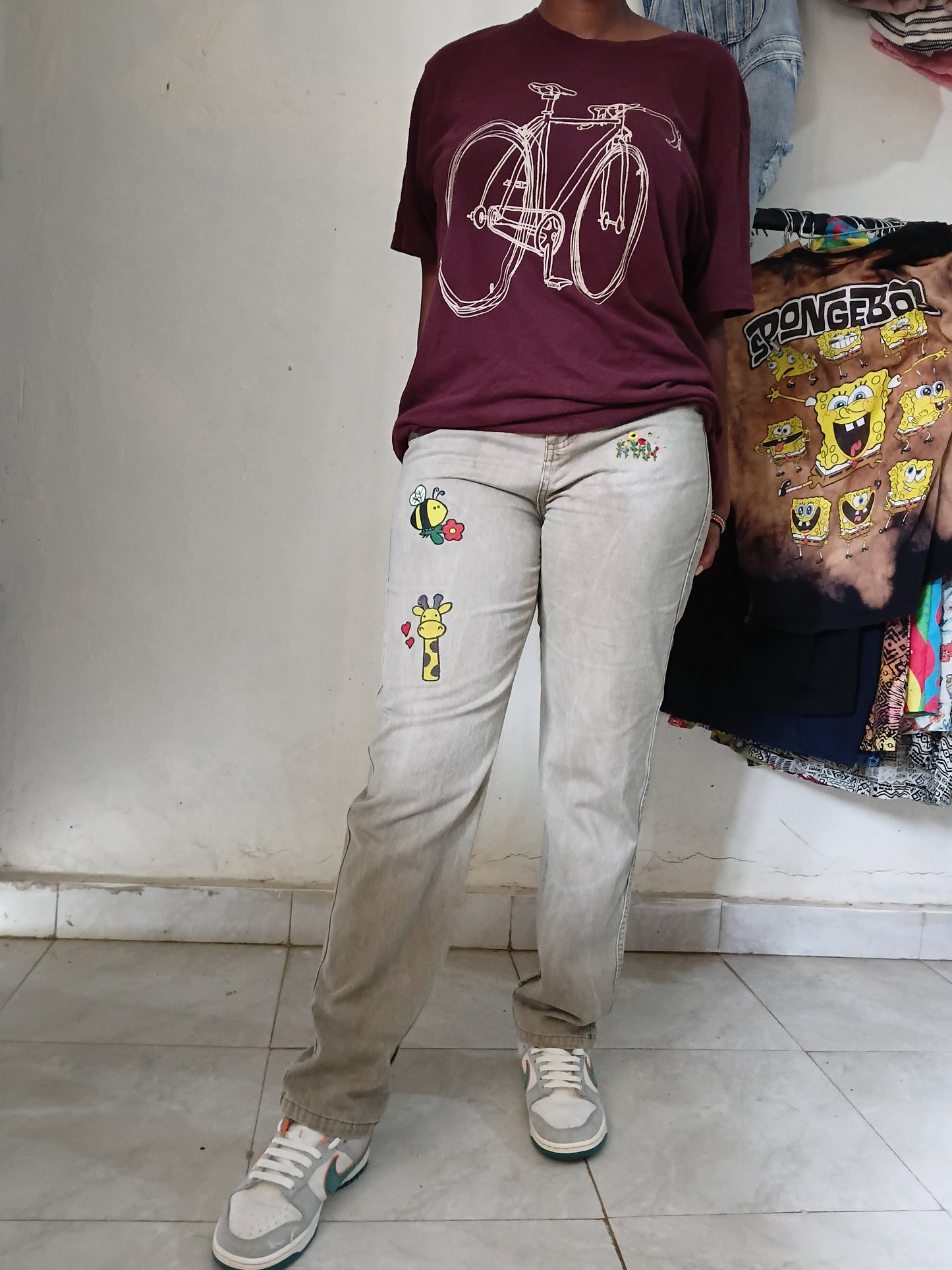 Maroon Bicycle Tee +Hand Painted Cartoon Denim Outfit