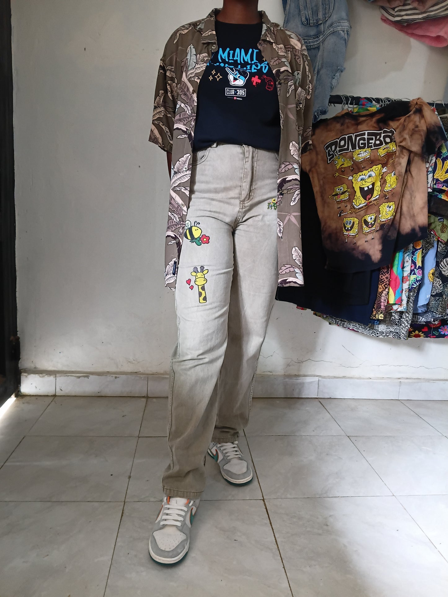 Miami Marlins Tee + Brown Tropical Leaf Shirt + Hand Painted Denim Outfit.