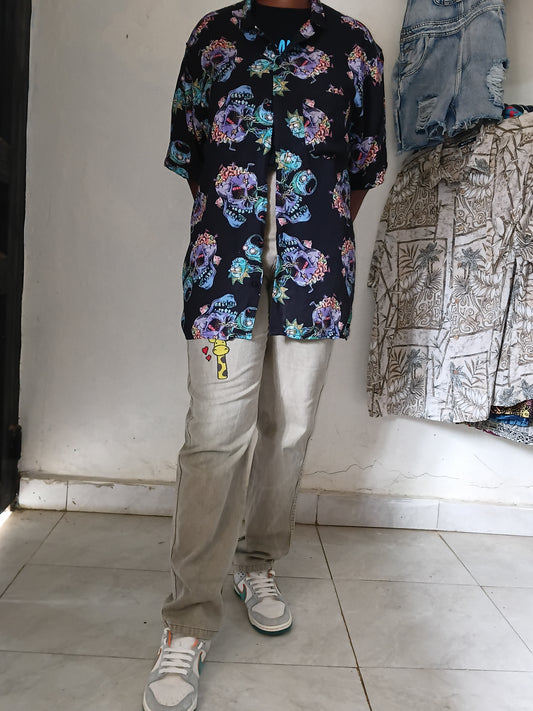 Vintage Rick and Morty Skull Print Shirt +  Hand Painted Cartoon Denim Outfit