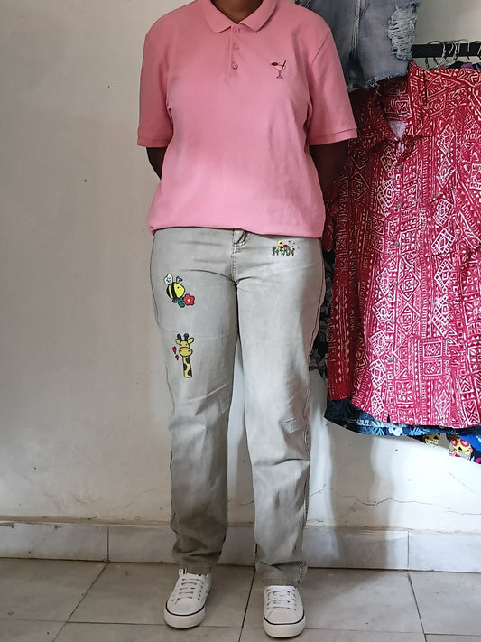 Pink Polo + Hand Painted Cartoon Denim  Outfit