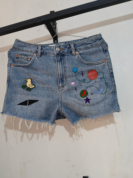 Hand-Painted & Embroidered Graphic Denim Cut-Off Shorts
