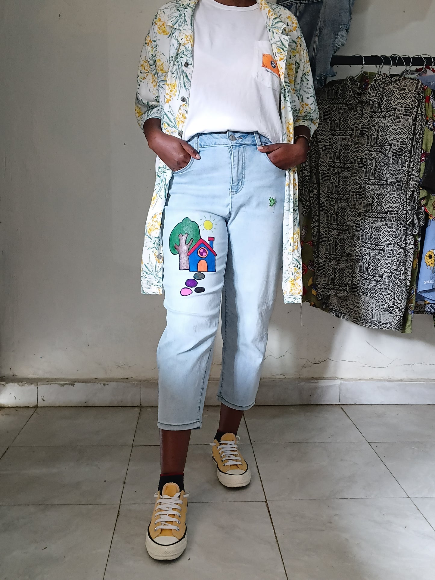 Yellow Floral Vintage Shirt , White Tee & Hand-Painted House Denim Set  Outfit