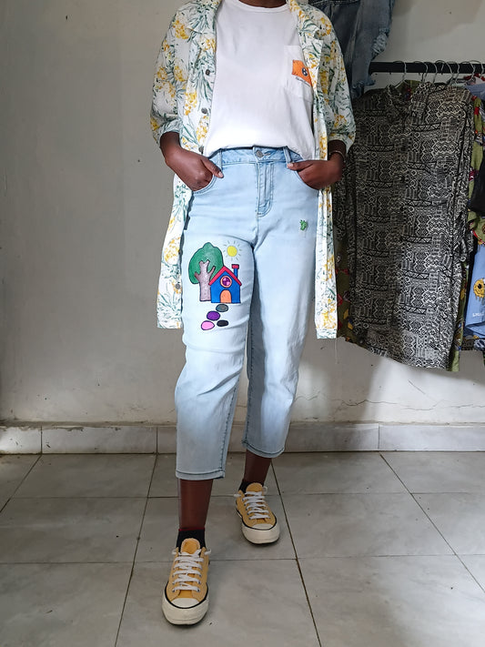 Yellow Floral Vintage Shirt , White Tee & Hand-Painted House Denim Set  Outfit