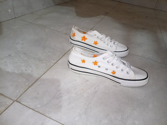 White Floral Embroidered Canvas Sneakers — Size 38